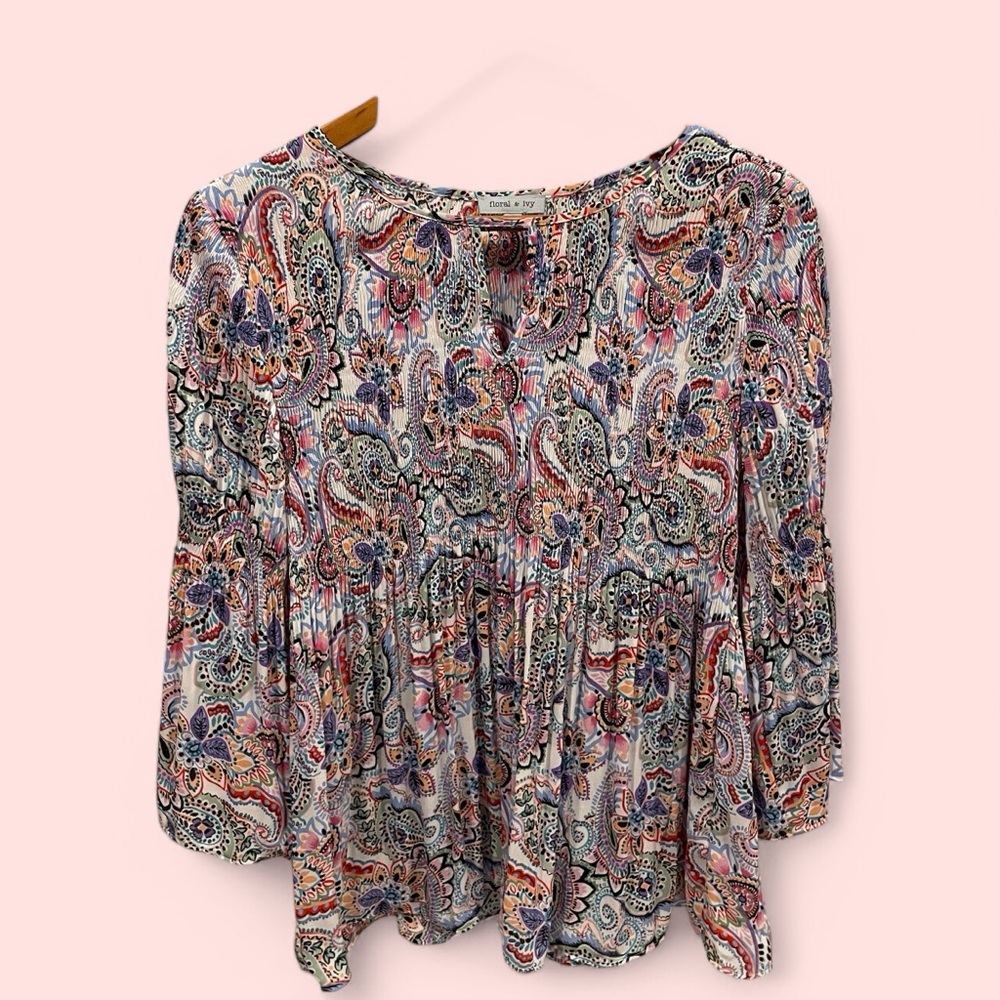 Cute coastal boho floral paisley crinkle flare babydoll flowy top flare sleeve